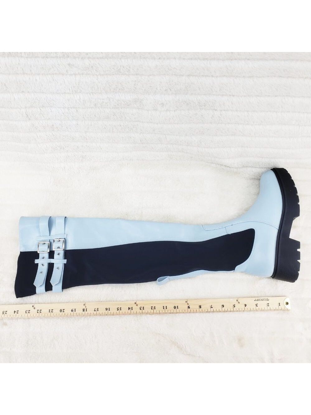 Techno Baby Blue Lycra Stretch Lug Sole Thigh High Combat Rider Brand New - Picture 13 of 16